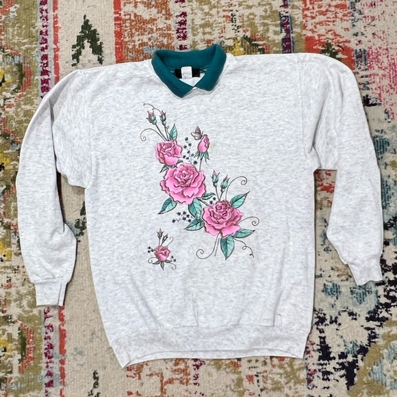 Vintage Tops - Vintage 80s Floral Floral Gray Pullover Jumper with Collar Sweatshirt